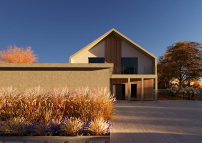 Projekt przy domu w typie nowoczesnej stodoły w otoczeniu lasu