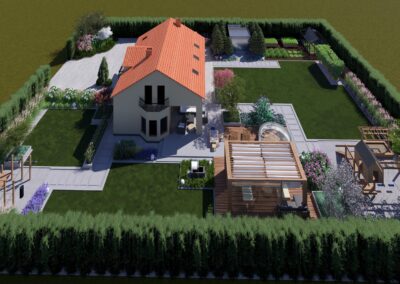 Ogród w Wierzbicach dla miłośnika kalisteniki, z dużym tarasem, placem zabaw i warzywnikiem