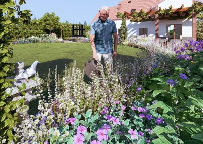 Ogród w stylu angielskim na planie koła w Sycowie